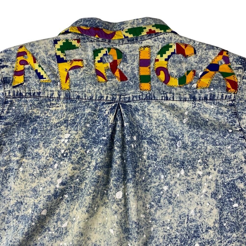 Africa Graphic Denim Shirt Womens 3X Acid Wash Distressed Oversized Shirt Jacket